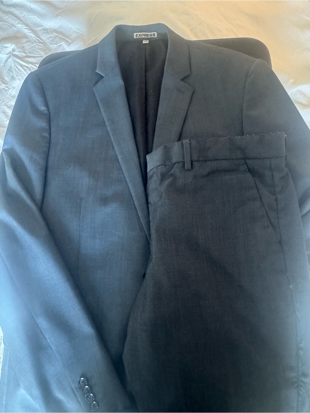 Express Men's Blueish/Greyish Two-Piece Suit Jacket and Pants